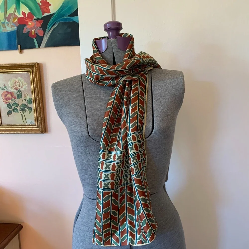 Echo Vintage Silk Scarf Geometric Abstract Print Red Blue Cream Oblong